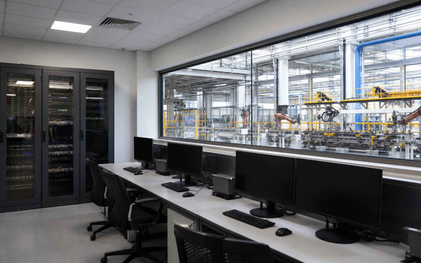 Control room overlooking a production line
