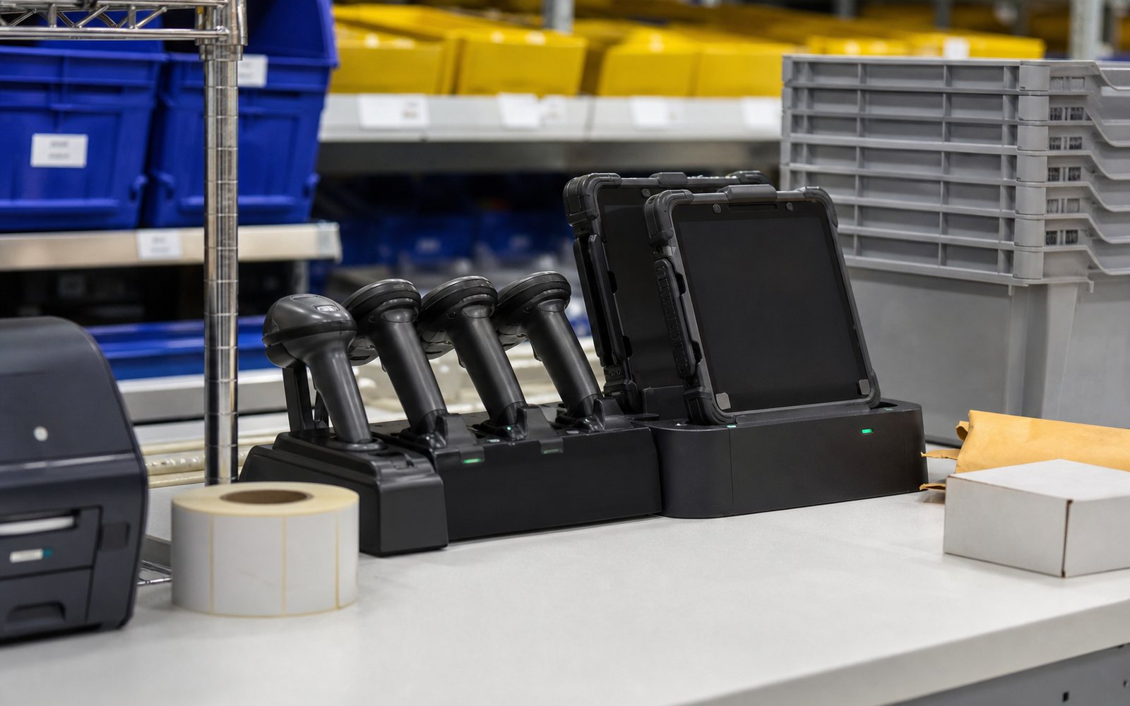 Packing station with scanners and shipping labels