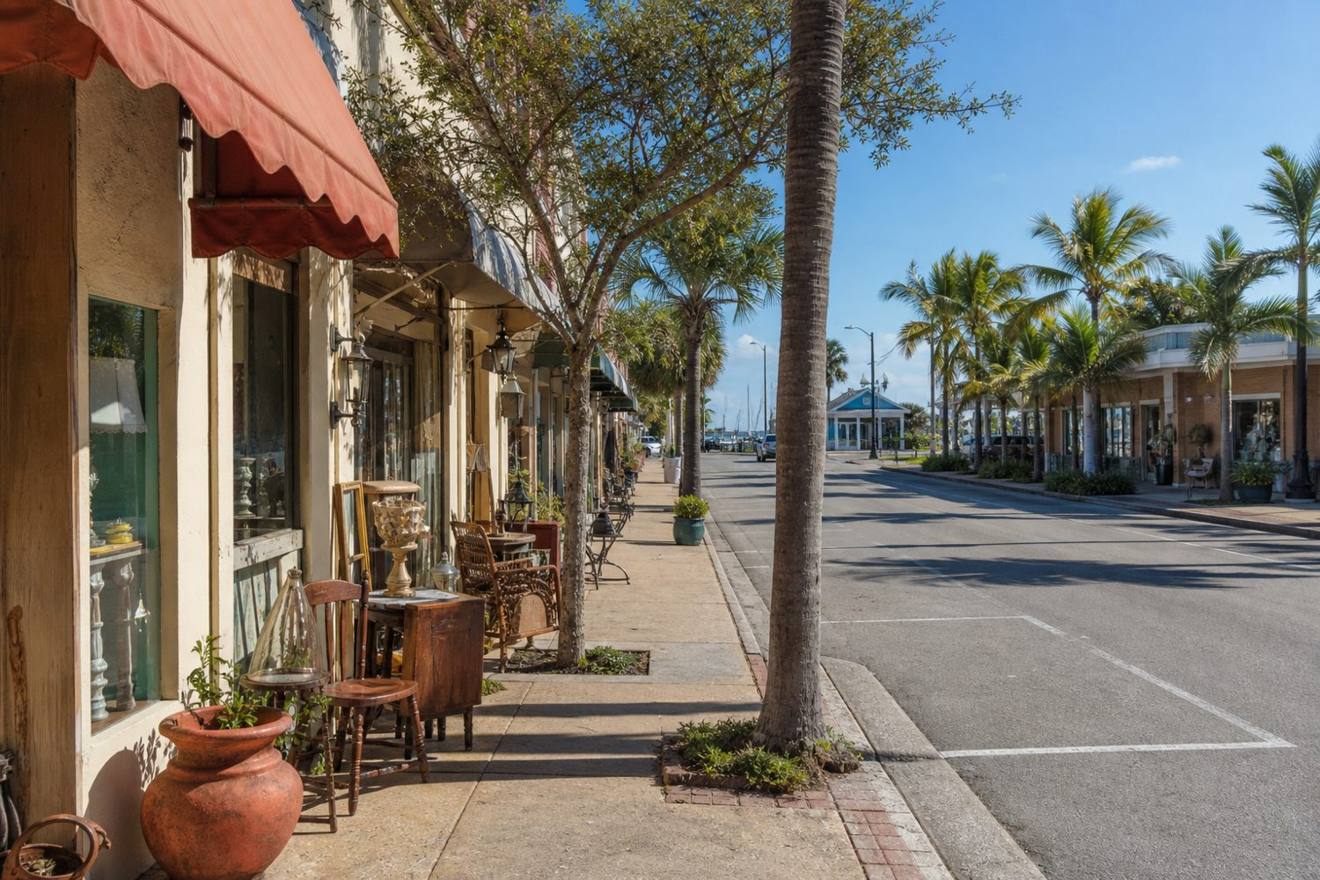 Streetscape and business district in Dania Beach, Florida