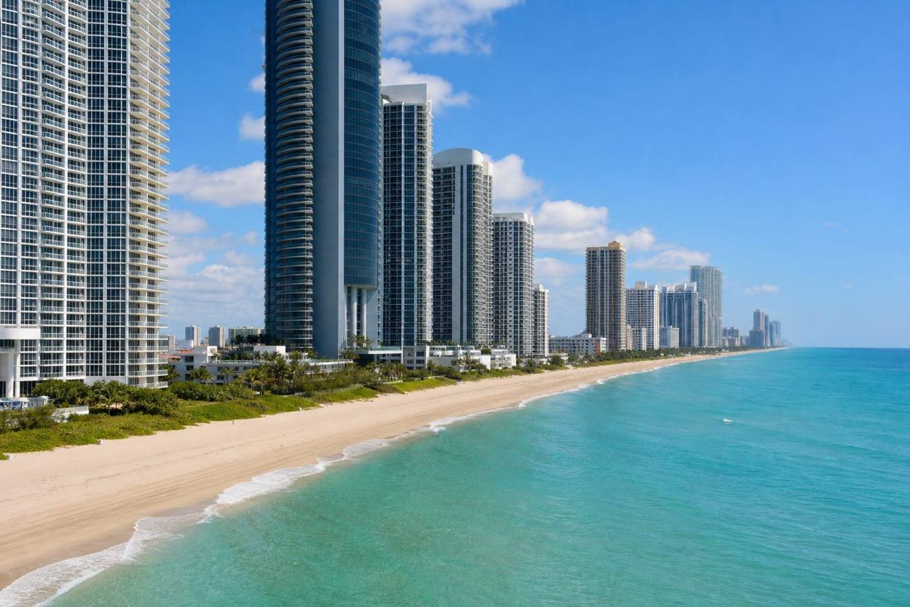 Streetscape and business district in Hallandale Beach, Florida