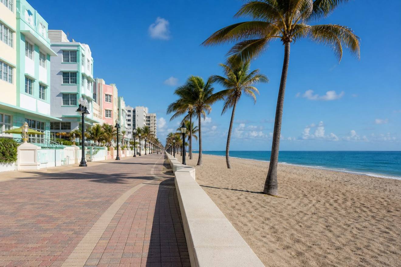 Streetscape and business district in Hollywood, Florida